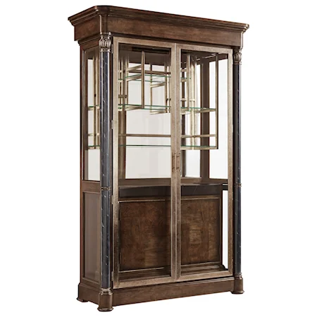 Transitional Display Cabinet with Glass Shelving and Marble Accents